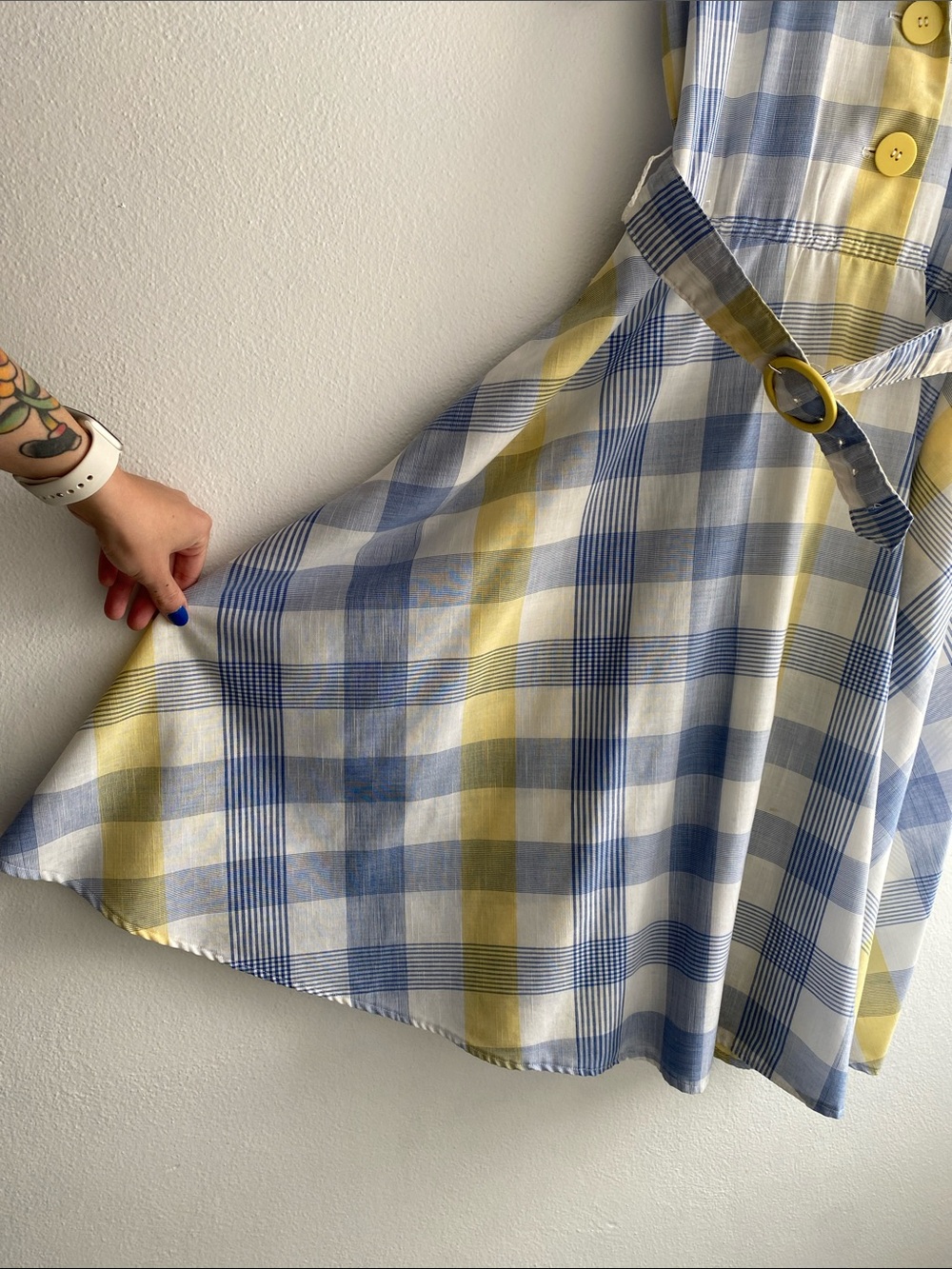 50s Vintage Blue and Yellow Plaid Button-Front Dress - Picture 5 of 7